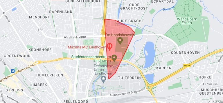 Het gebied in Eindhoven dat is getroffen (beeld: Enexis).