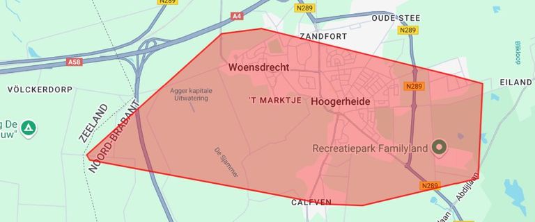 Het gebied dat is getroffen door de stroom- en gasstoring (kaart: Enexis).