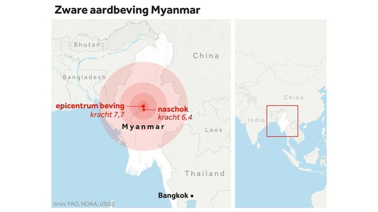 Het epicentrum ongeveer 17 kilometer van plaats Mandalay, de op één na grootste stad. (foto: NOS).