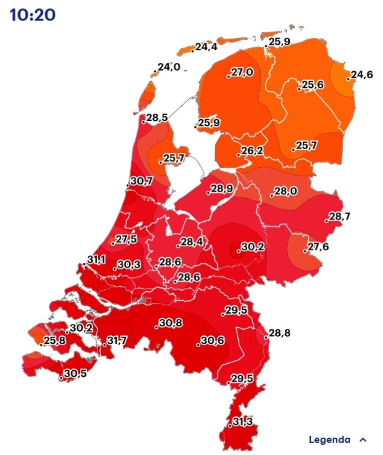 We kunnen spreken van een hittegolf (bron: Buienradar).