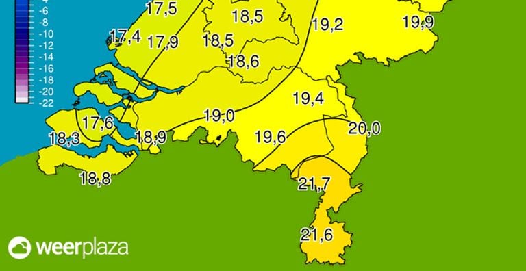De temperatuur zakt onder de 20 graden (bron: Weerplaza)