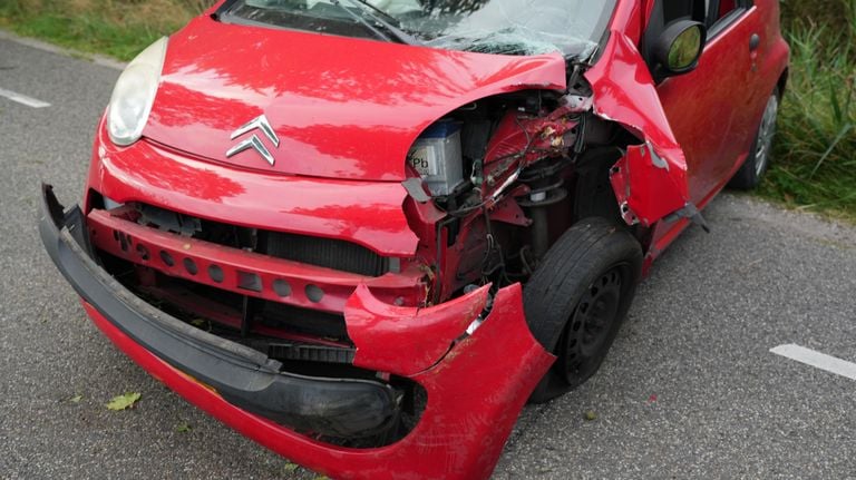 De auto in Dongen na de ontmoeting met een boom (foto:persbureau Heitink).