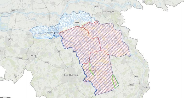 Het verbod is van toepassing op de roodgekleurde gebieden (kaartje: Waterschap Aa en Maas).