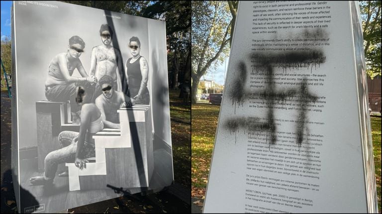 Hakenkruizen en gezichten zwart gespoten (Foto: Femke van Eijsden).