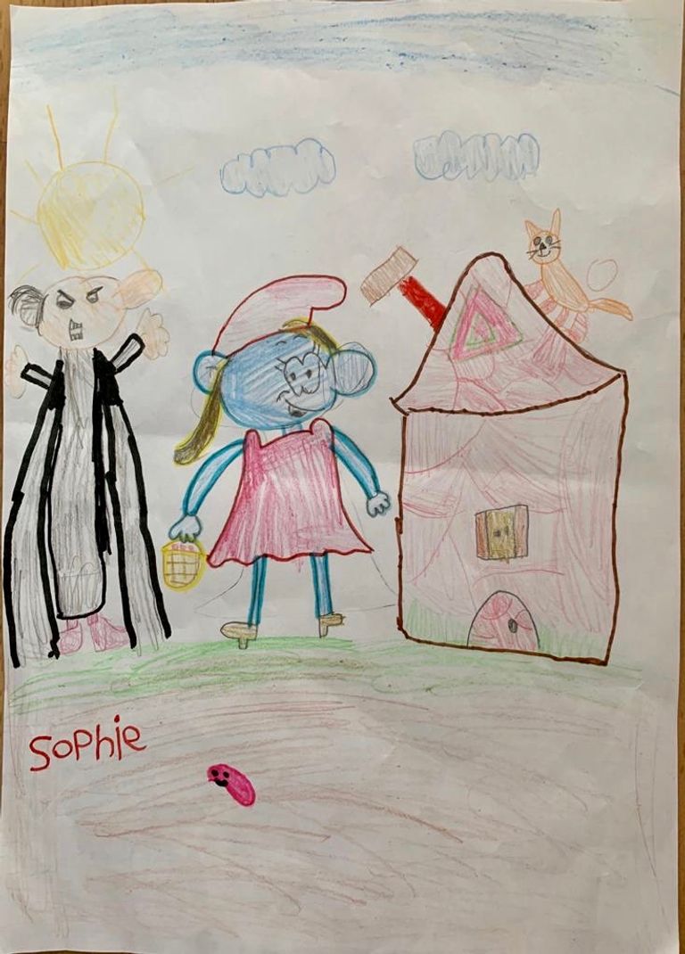 Sophie maakte deze tekening van Smurfin en Gargamel