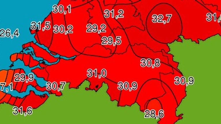 De temperaturen om 10.50 uur (kaartje: Weerplaza).