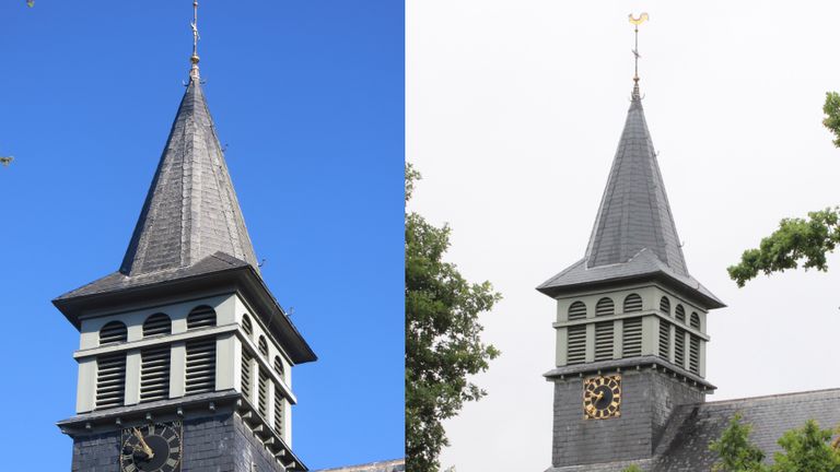 De kerk in Zuidwolde heeft een nieuw dak van polyester. Links voor, rechts na de aanpassing (foto: Camouflage BV).