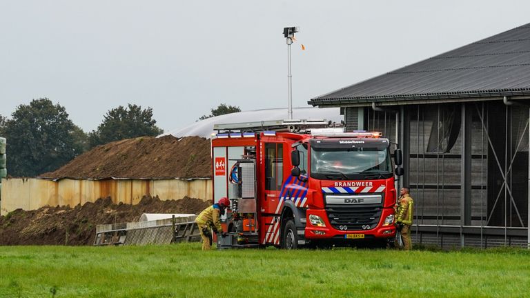 De brandweer aan de slag bij de plek waar de gassen zijn ontsnapt, vlakbij de stallen (foto: Dave Hendriks/SQ Vision Mediaprodukties).