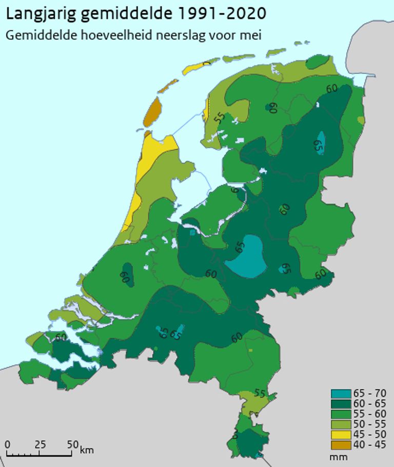 De gemiddelde hoeveelheid neerslag in mei in de periode van 1991 tot 2020 (bron: KNMI).