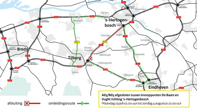 De omleidingsroutes voor het verkeer dat richting Den Bosch wil (kaartje: Rijkswaterstaat).