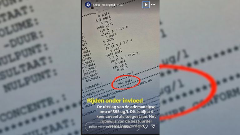Het bewijs dat een automobilist bij Schijndel teveel had gedronken (foto: politie Meierijstad).