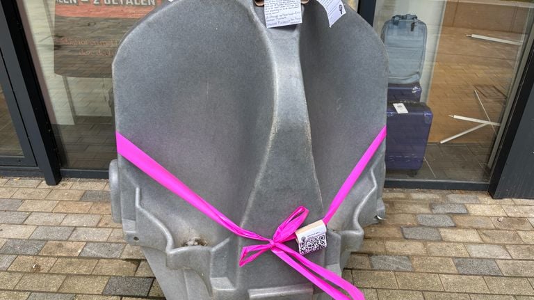 De 35 urinoirs in de stad krijgen een roze strik (foto: Omroep Brabant).