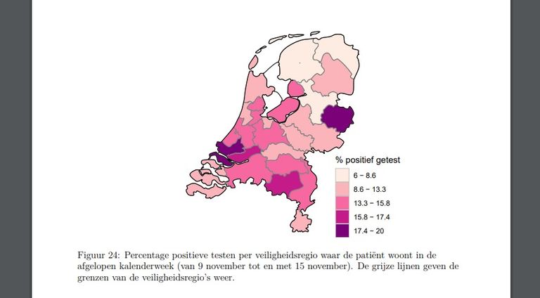 Aantal positieve tests per veiligheidsregio (bron: RIVM).