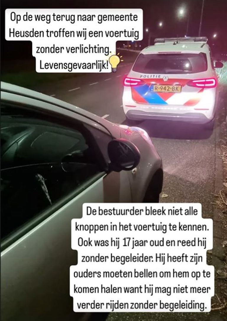 Agenten lieten de jonge automobilist ophalen door zijn ouders (foto: Instagram politie Heusden).