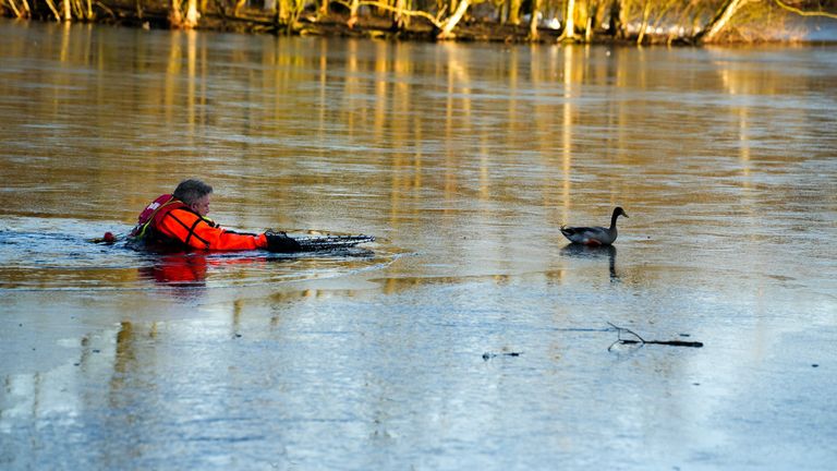 De redder en eend (foto: Erik Haverhals/SQ Vision).