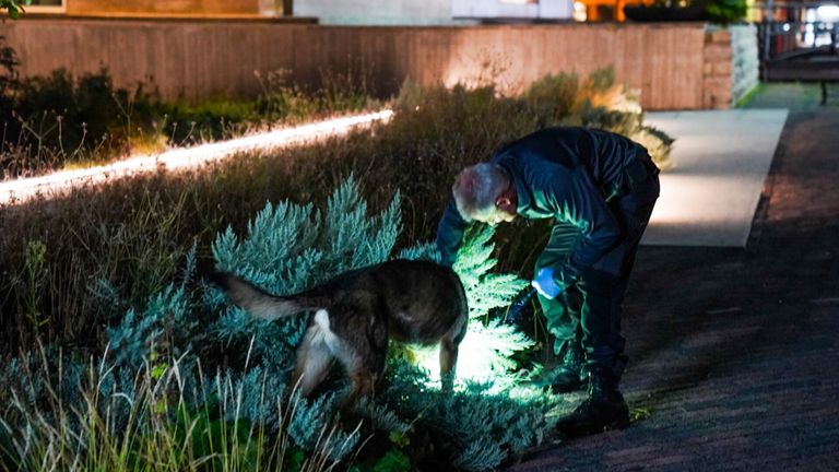 Met een hond werd in de buurt van het Stadhuisplein in Eindhoven naar het vuurwapen gezocht (foto: Dave Hendriks/SQ Vision).