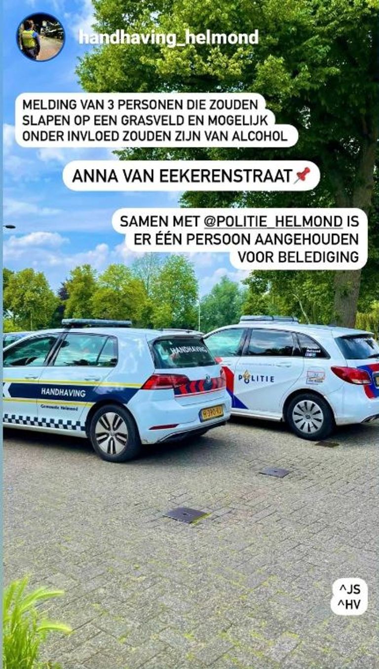 De drie slapers werden aangesproken door handhavers, agenten hielden een betrokkene aan (foto: Instagram handhaving Helmond).