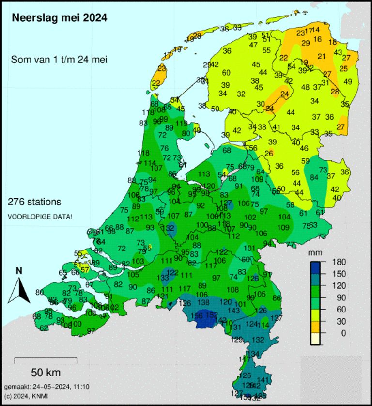 Met name De Kempen kreeg het aardig te verduren deze maand (bron: KNMI).