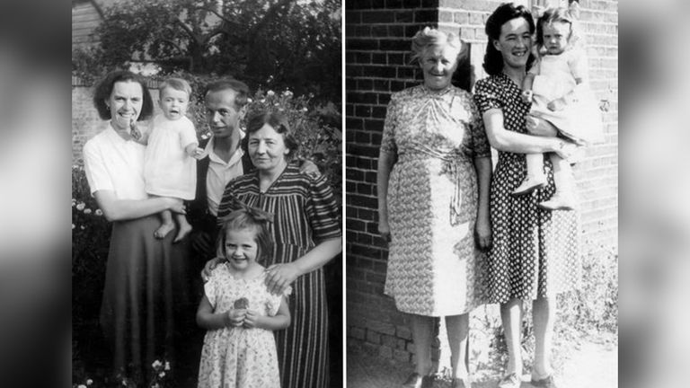 Annie met zusje, moeder, oma en stiefvader (foto links). Annie met oma Thomassen en tante (foto rechts).