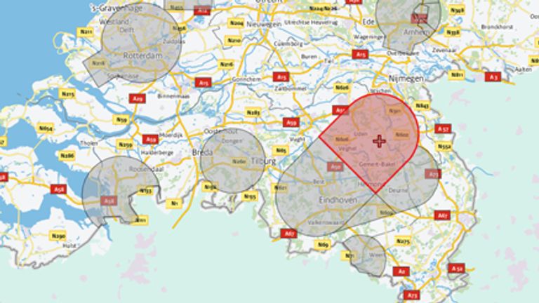 De no fly zones in Brabant (Bron: Aeret).