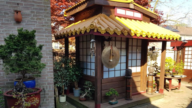 Het typisch Chinese tafereeltje in de tuin van Frans (foto: Frans Hendriks).