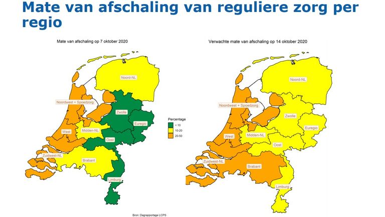 De Nederlandse Zorgautoriteit verwacht dat in Brabant tussen de 20 en 50 procent van de reguliere zorg moet worden afgeschaald (Screenshot presentatie Karina Raaijmakers).