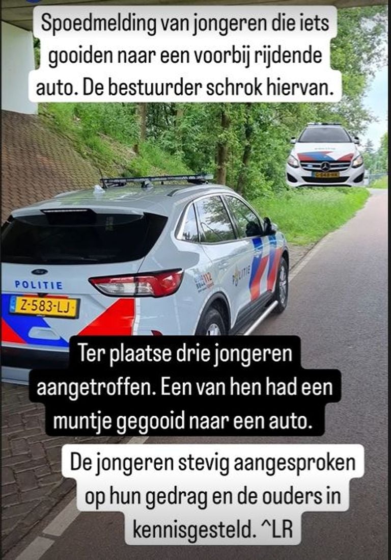 De politie in Helmond sprak de jongeren aan op het gooien van het muntje naar de auto (foto: Instagram politie Helmond)