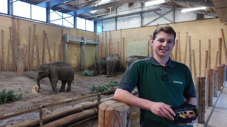 Verzorger Stijn Geurts bij de olifanten in Dierenrijk.