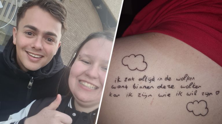 Links: Mandy met Flemming. Rechts: Tattoo van de songtekst van Flemming. (Foto: Mandy van der Bruggen). 