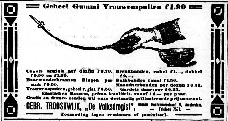 Instrument waarmee abortussen werden gedaan in jaren dertig en veertig (beeld uit 'Prijscourant bevattende de meest voorkomende Nieuw-Malthusiaansche Middelen en Artikelen v. Verband- en Ziekenverpleging, 1930').