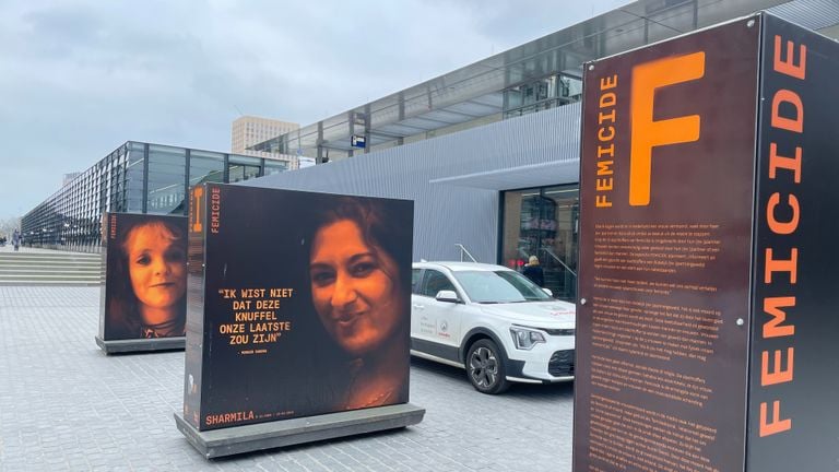 De expositie over femicide bij het treinstation van Tilburg (foto: Tom van den Oetelaar).